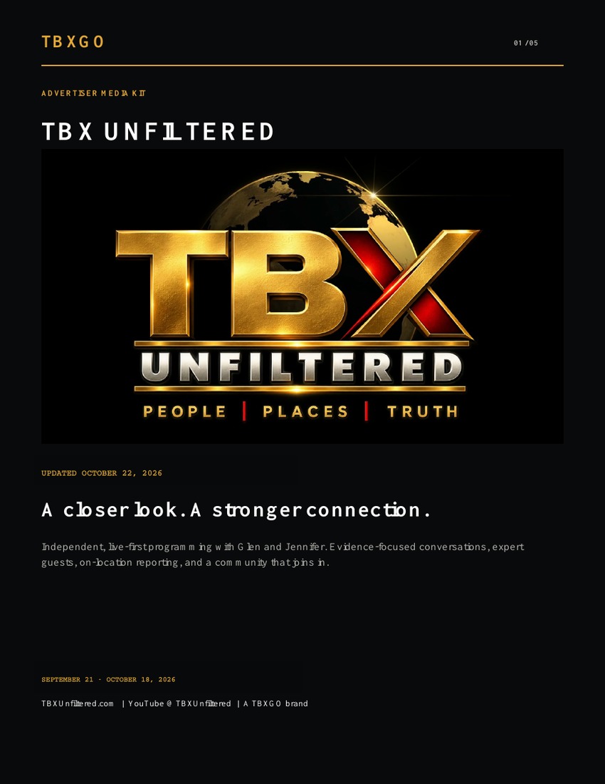 Cover of the updated TBX Unfiltered advertiser media kit, October 22, 2026